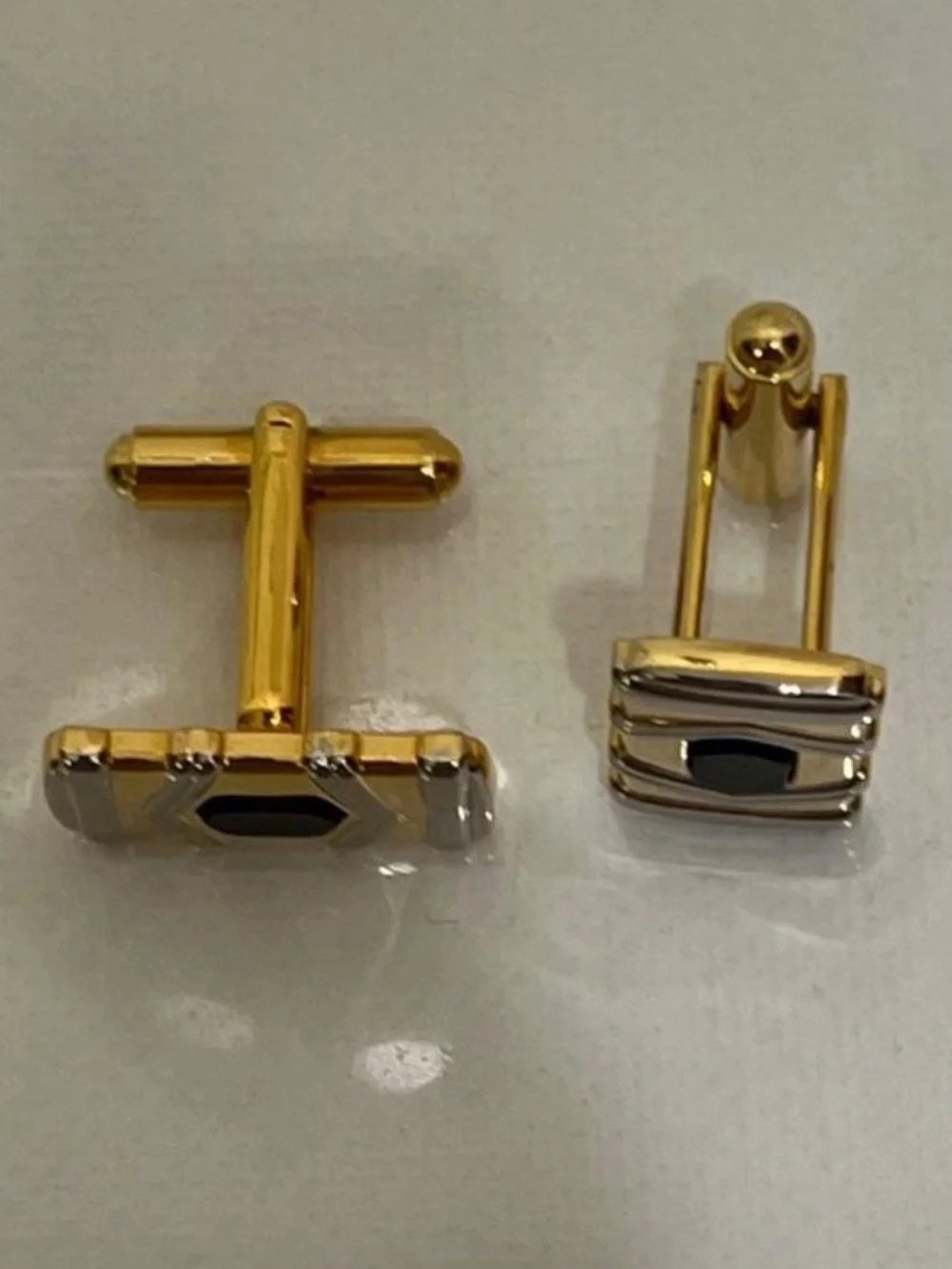 Gold & Silver Tone Black Enamel Cufflinks – Geometric Art Deco Style